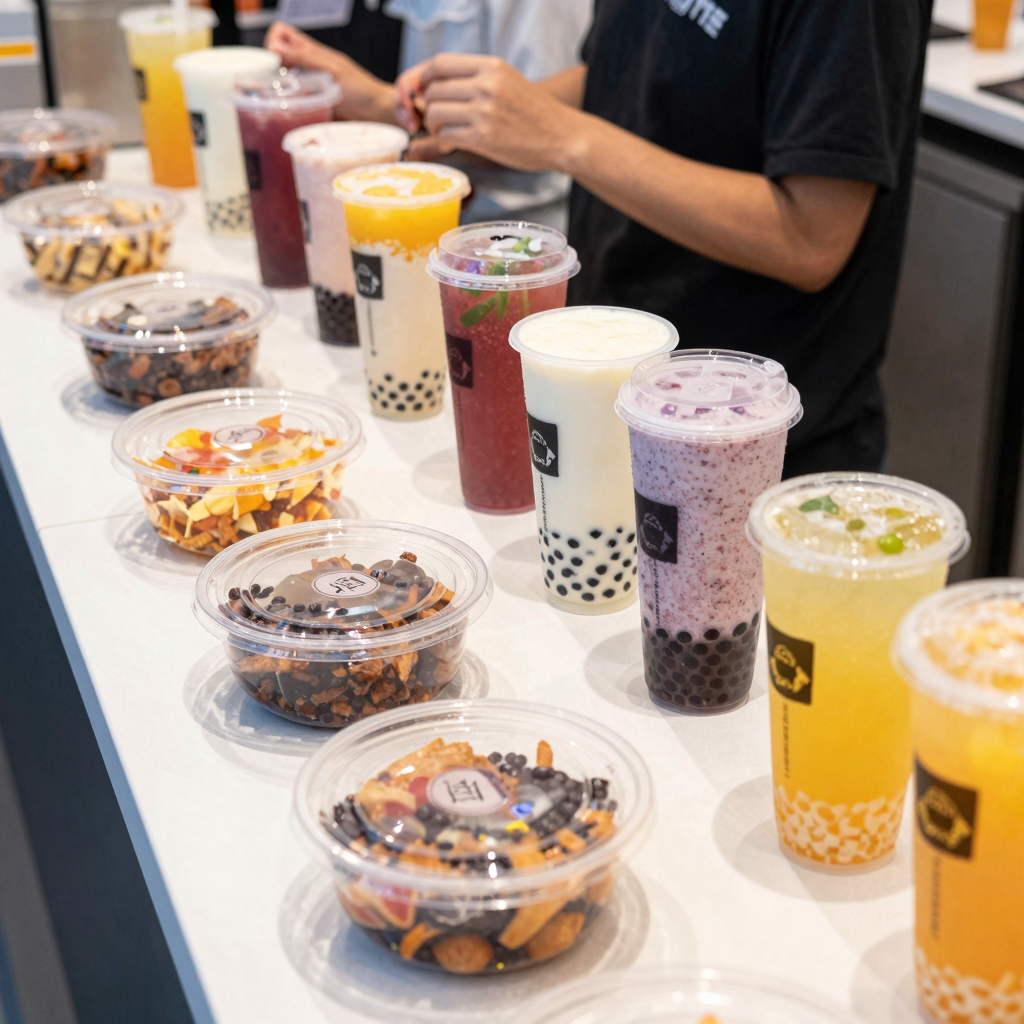 Various disposable plastic food containers in use