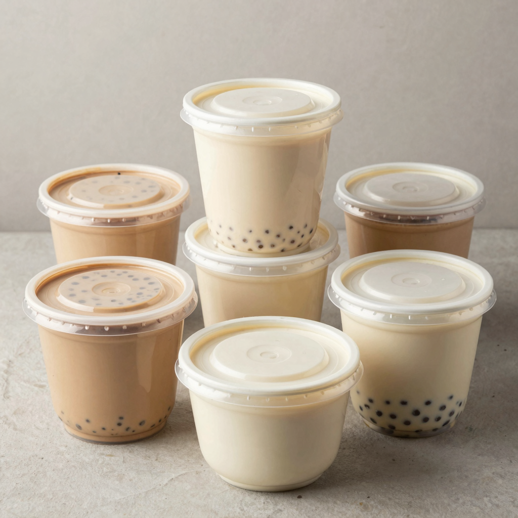 A variety of round food containers with lids, showcasing their practical designs and sizes suitable for different food services.
