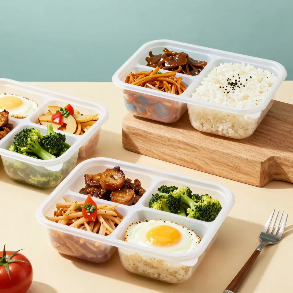 Three compartment disposable food containers filled with different food items