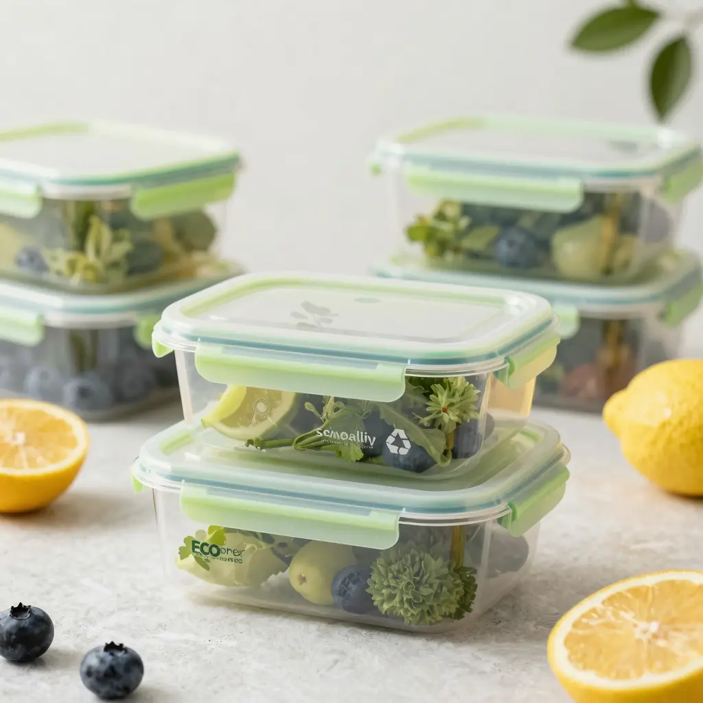 Eco-friendly plastic food storage containers displaying sustainability and freshness