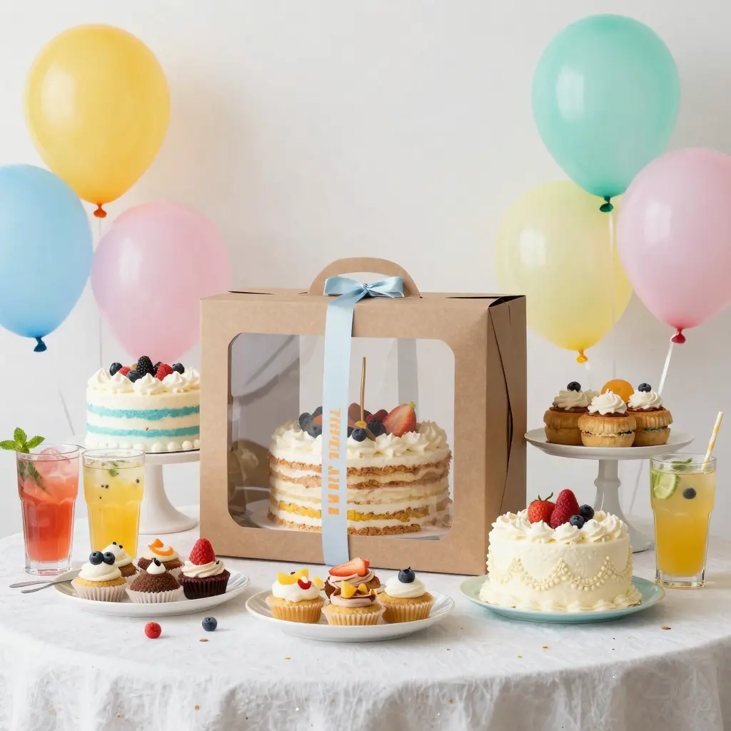 A colorful and inviting birthday food package, beautifully arranged with cakes, pastries, and drinks, set on a festive table with balloons and decorations.