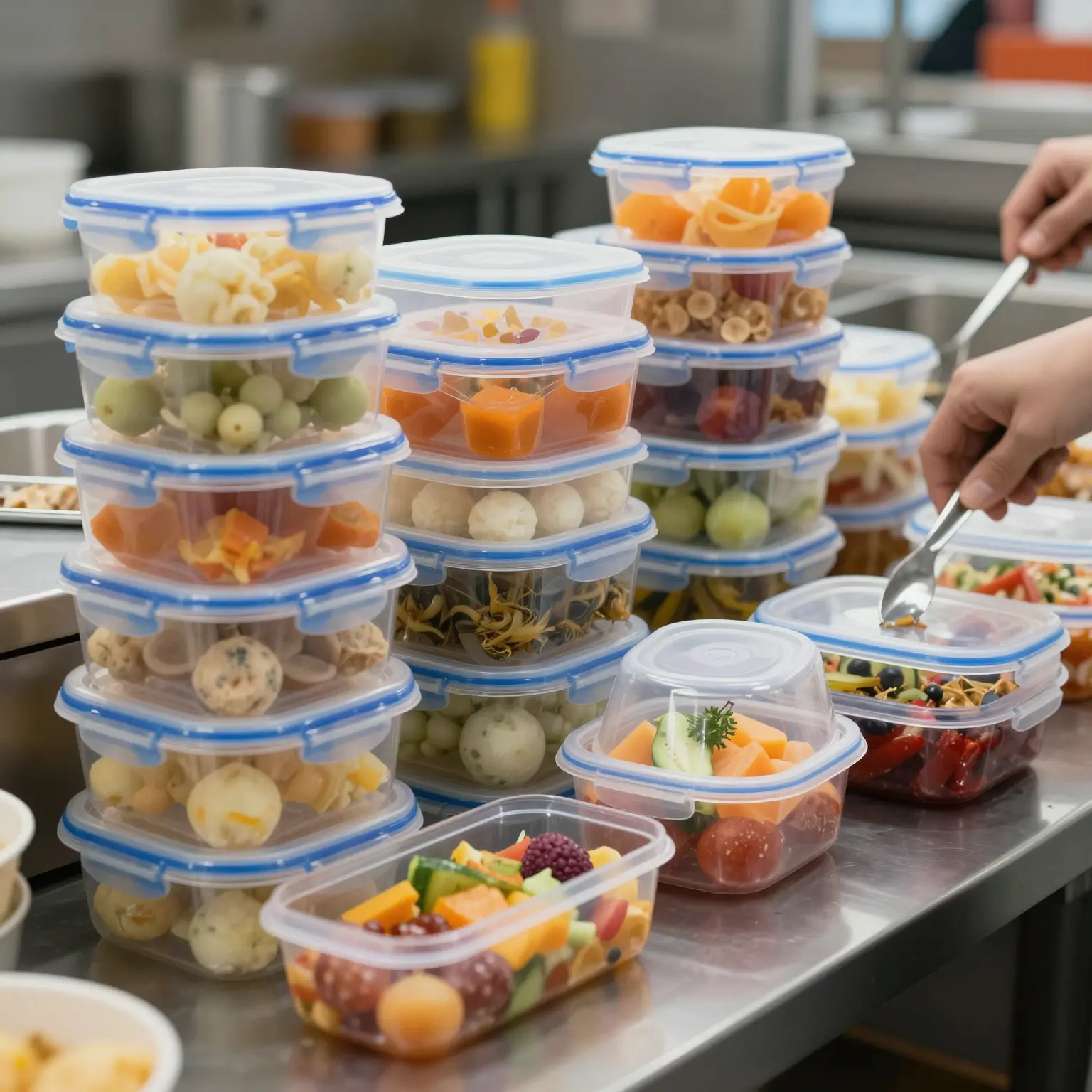 A variety of plastic food containers used in a food service setting.