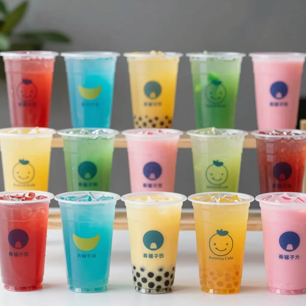 Colorful plastic cups for bubble tea shops