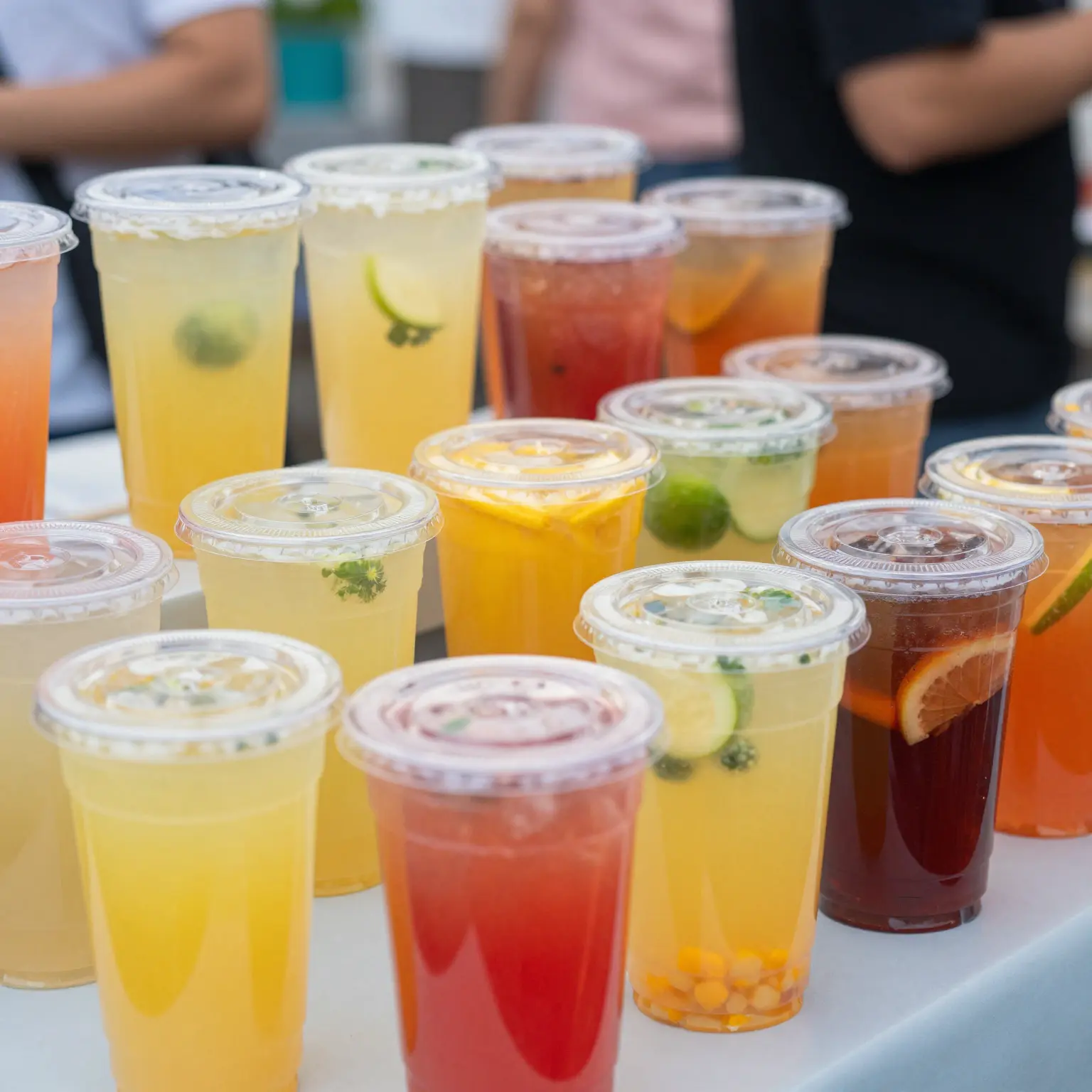 Vibrant clear plastic cups with colorful beverages