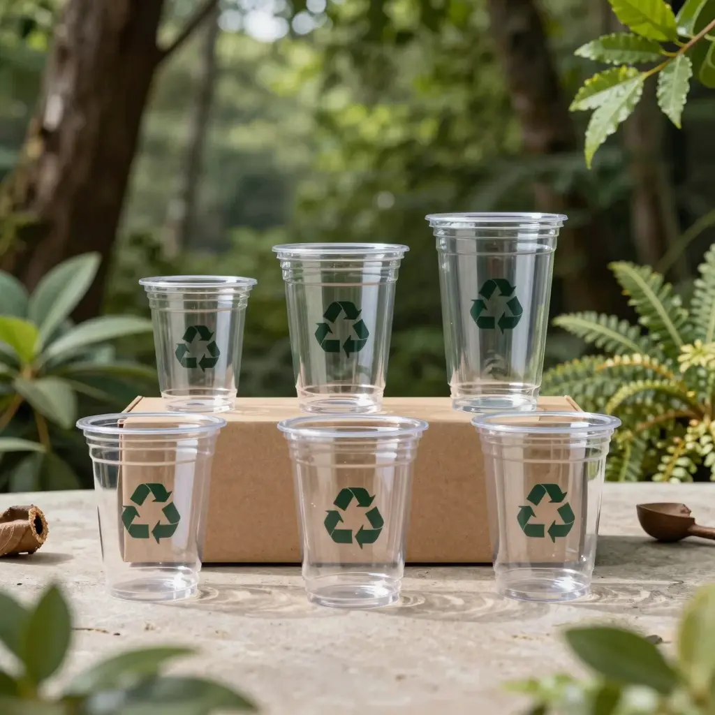 Eco-friendly packaging featuring clear plastic drinking cups