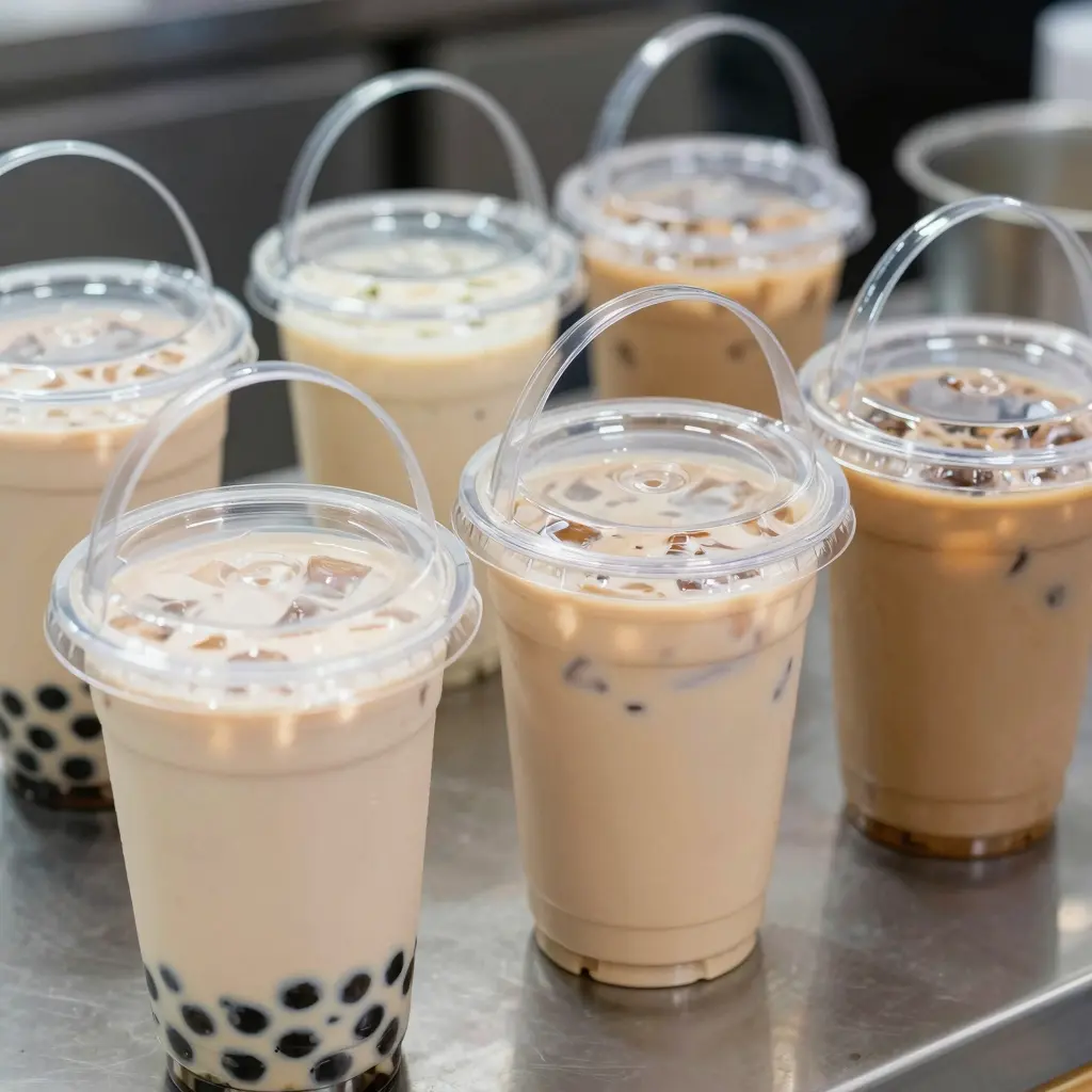 Clear plastic cups with handles in a food service setting