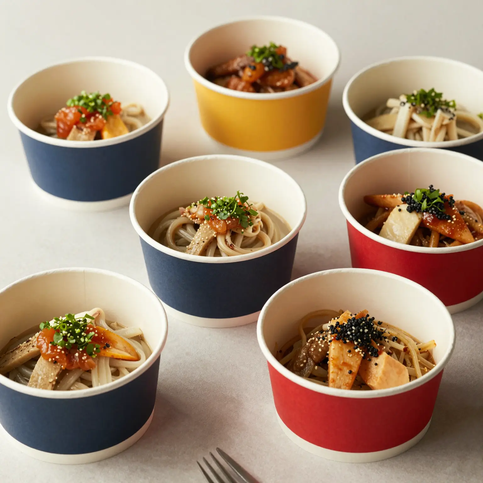 Various styles of deep paper bowls showcasing food items