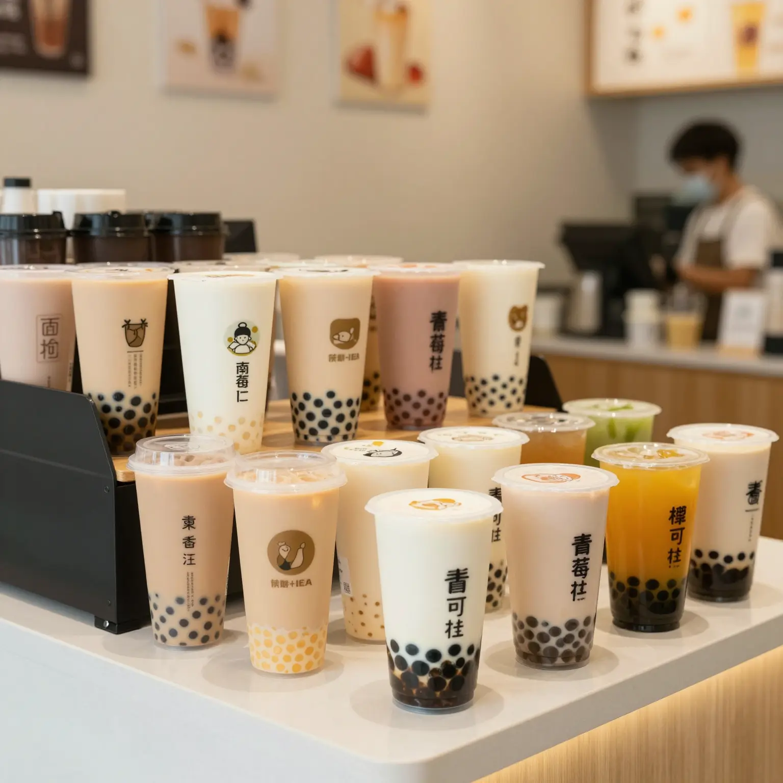 Colorful Disposable 12 oz Cups in a Bubble Tea Shop