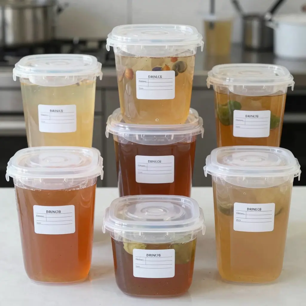 A collection of food-grade plastic containers suitable for brining