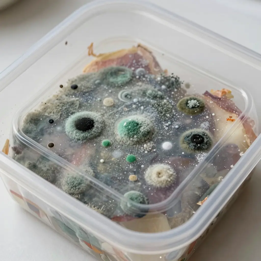 A plastic food container with mold