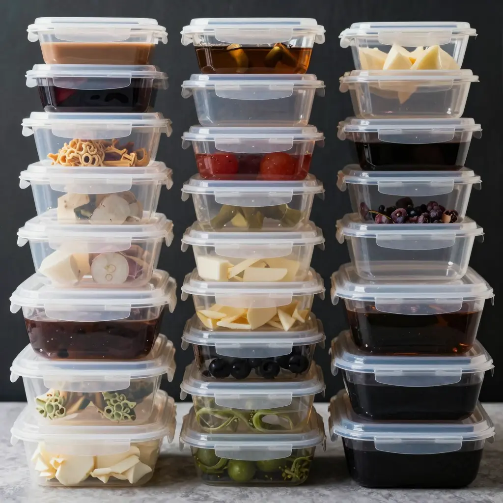 A collection of various plastic containers for food