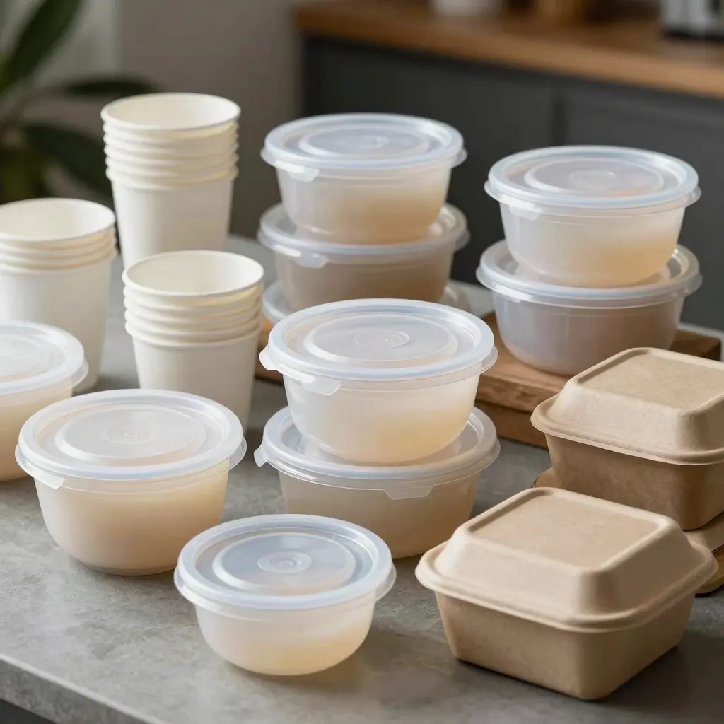 Various types of plastic containers suitable for food service