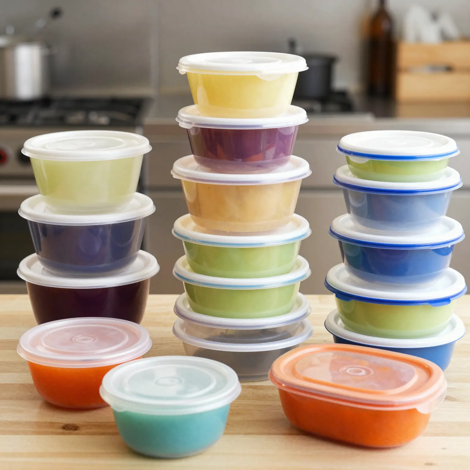 A variety of diverse plastic food containers used in the beverage and food service industry, showcasing different shapes and sizes. The image should appeal to restaurant and catering audiences, with colorful designs and clear visibility of the containers' features.