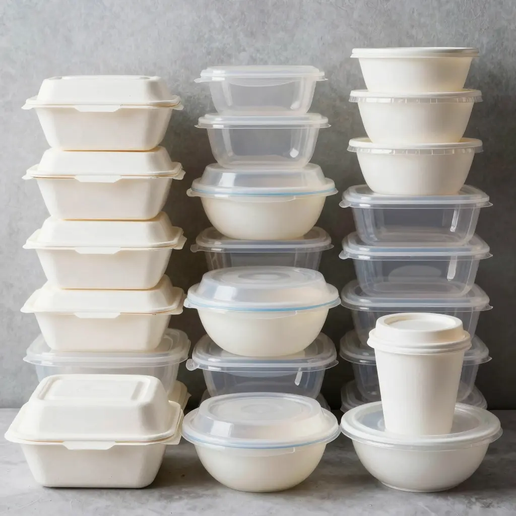 A variety of plastic food containers, including takeaway boxes and bowls.