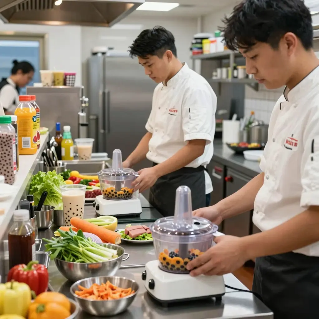 Vibrant commercial kitchen showcasing small food processors