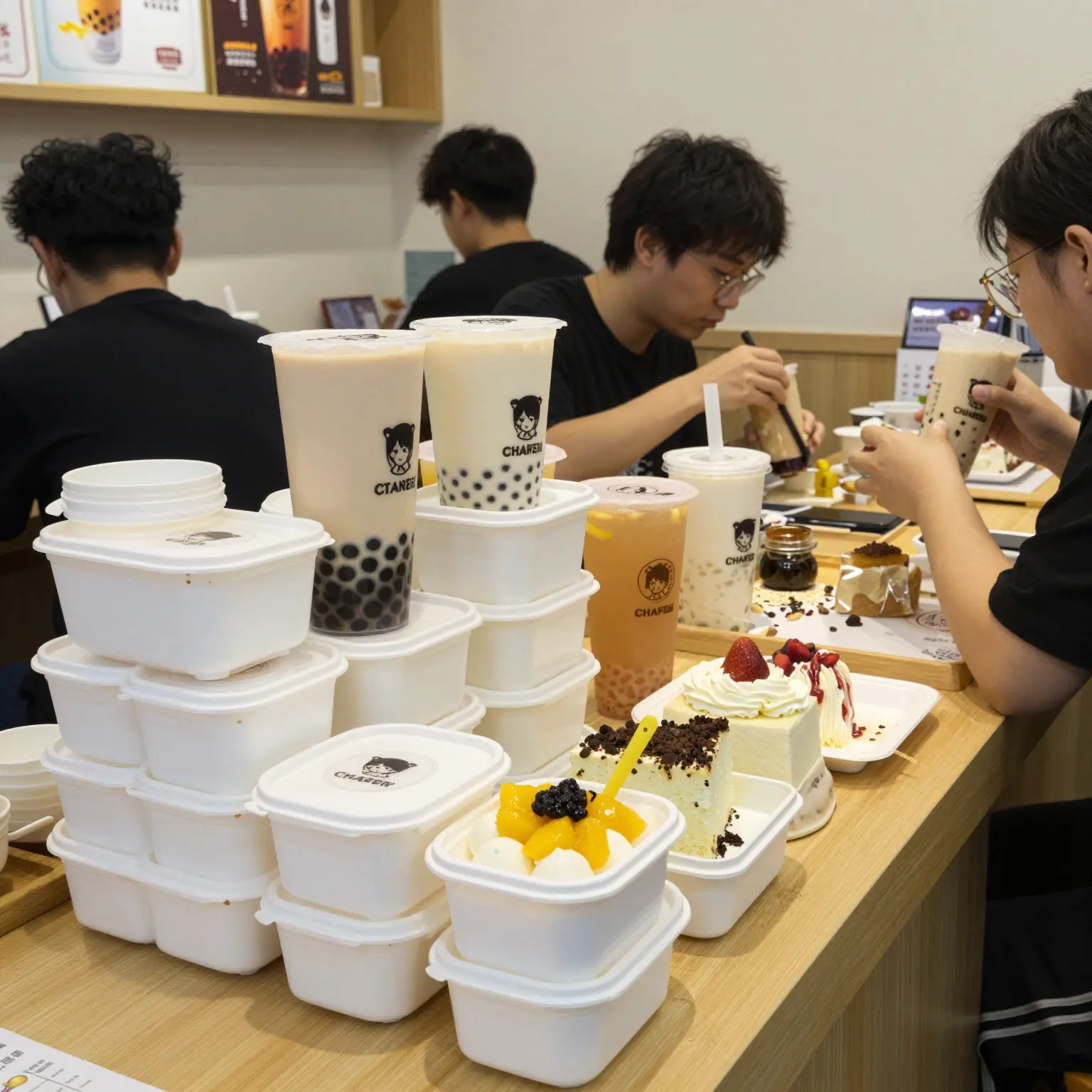 Bubble tea shop with white plastic containers