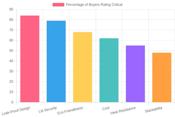 Bar chart showing what food service buyers prioritize in takeout packaging, with Leak-Proof Design at 84%, Lid Security at 79%, Eco-Friendliness at 68%, Cost at 62%, Heat Resistance at 55%, and Stackability at 48%