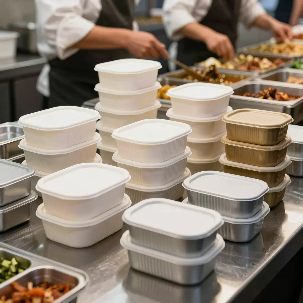 A variety of disposable tin food containers in use