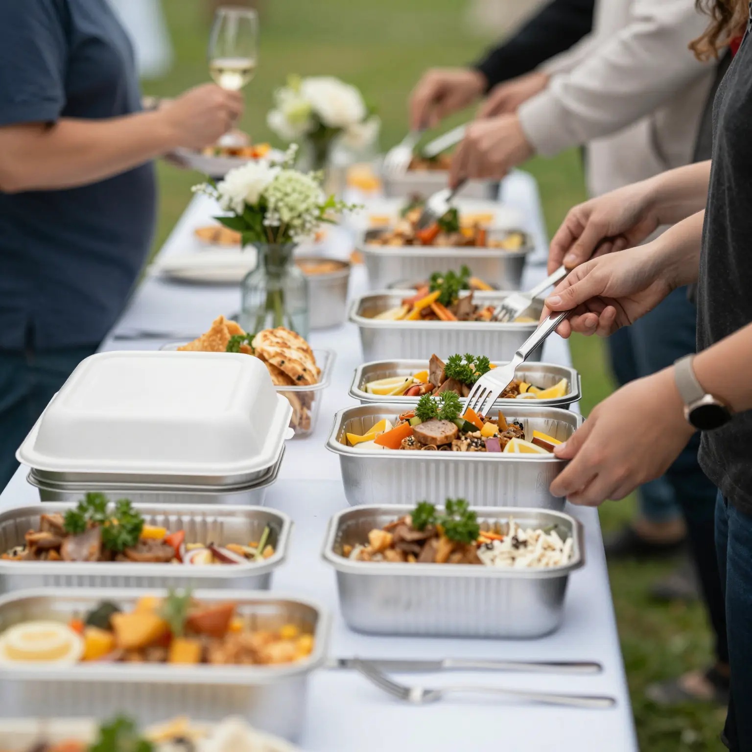Disposable Tin Food Containers at Catering Event