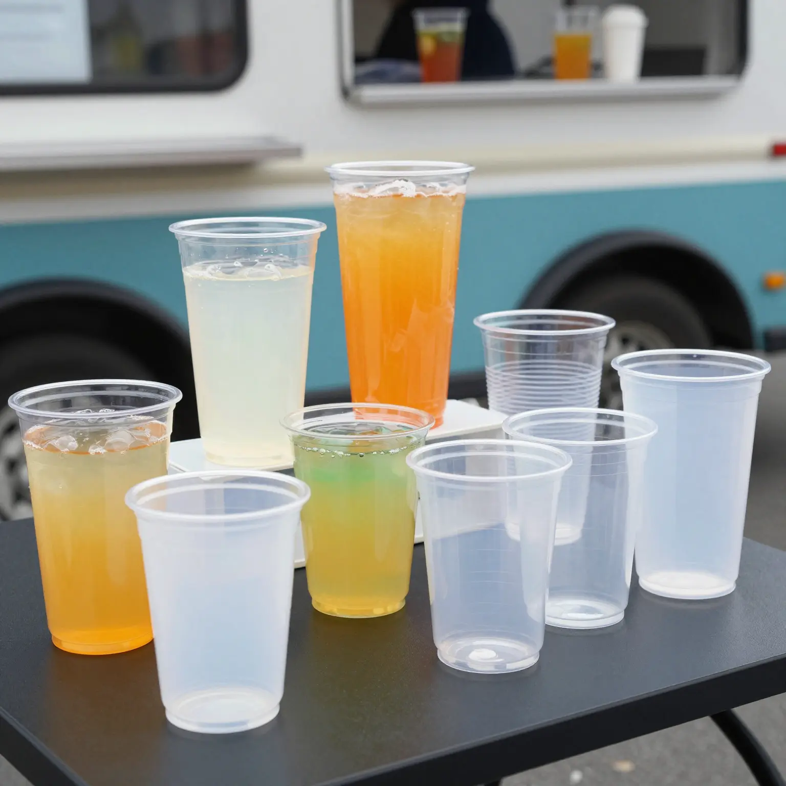 A colorful arrangement of various disposable plastic cups of different sizes on a table in a food truck setting