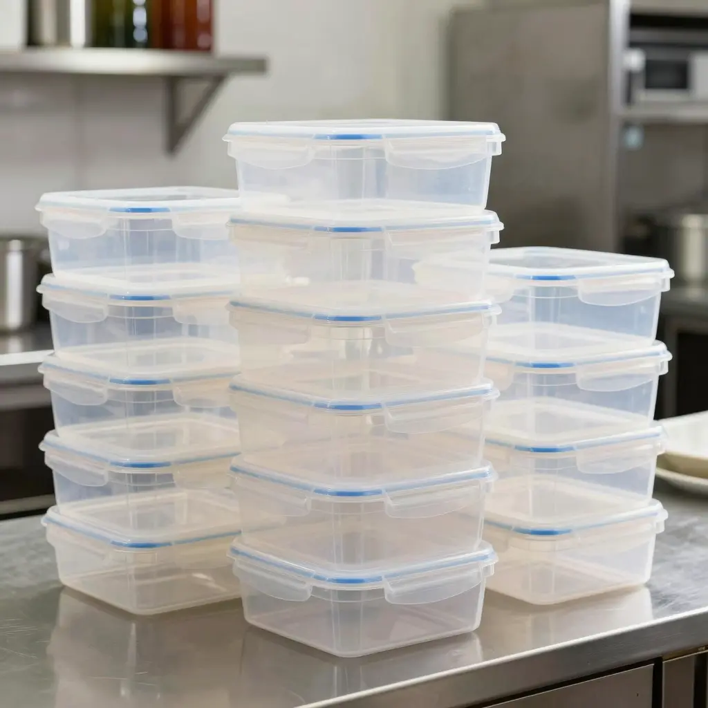 Stack of Large 10x10 Plastic Food Storage Containers