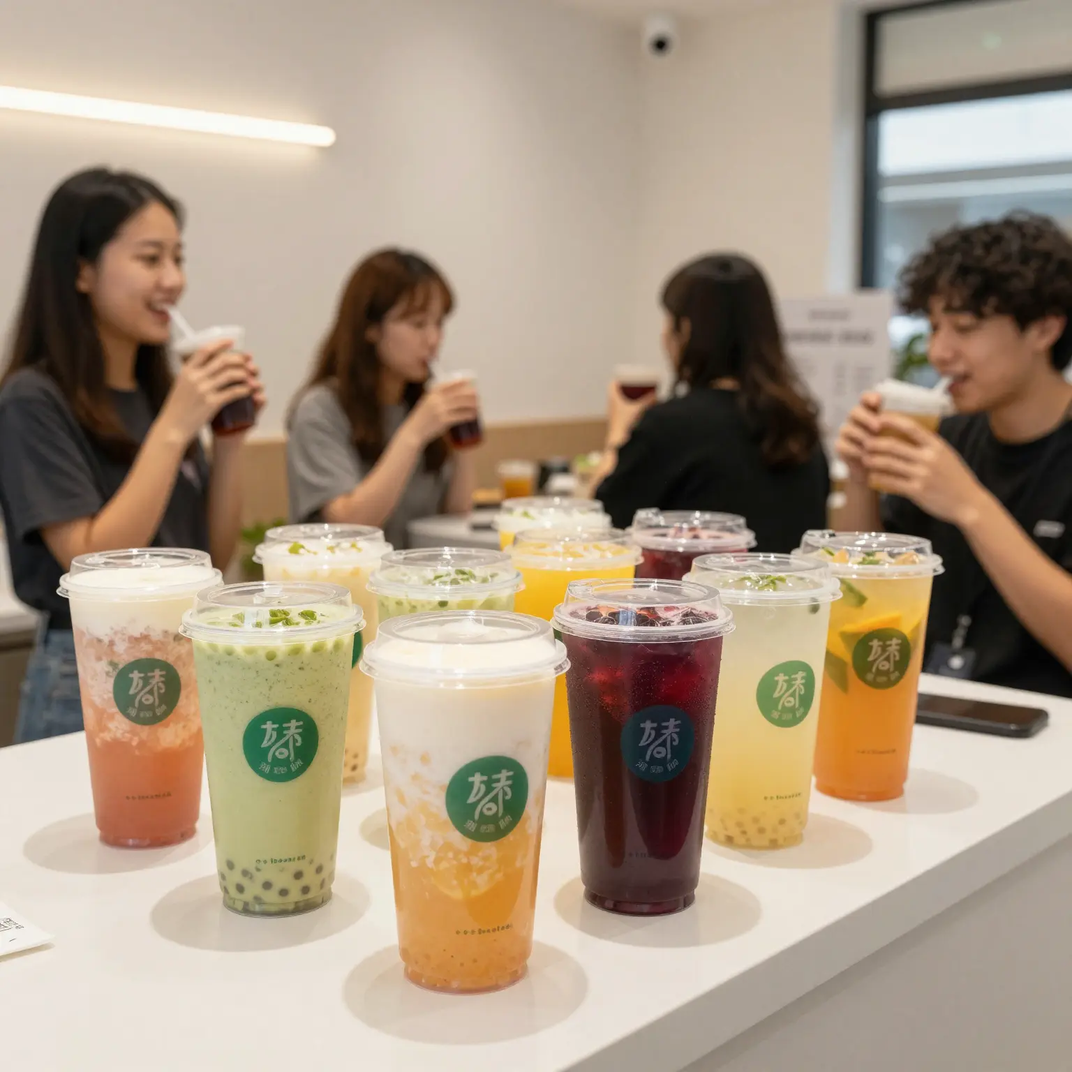 A modern beverage shop setting featuring clear plastic cups filled with colorful drinks, showcasing packaging trends that enhance customer experience and boost sales.