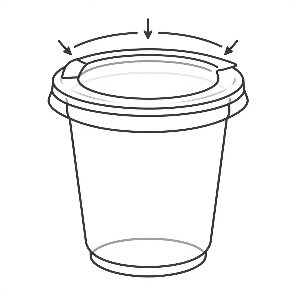 Schematic cross-section of a 16 oz clear plastic cup rim with a snap-on lid: radial arrows around the rolled rim indicate hoop stress, and a downward bending arrow at the flange marks where the lid undercut engages the rim, illustrating the load path that leads to rim cracking.