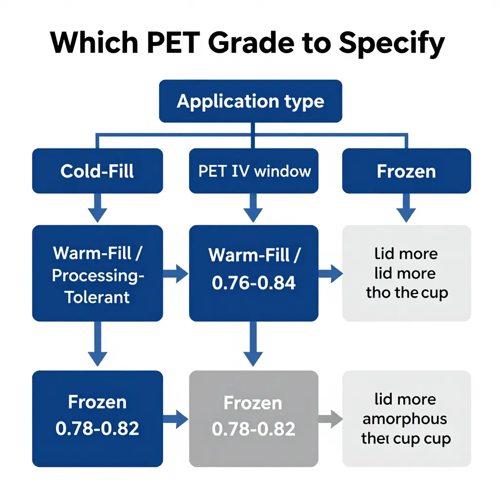 Technical decision flowchart titled 'Which PET Grade to Specify' branching by application type into cold-fill, warm-fill, and frozen IV recommendations with lid-grade notes