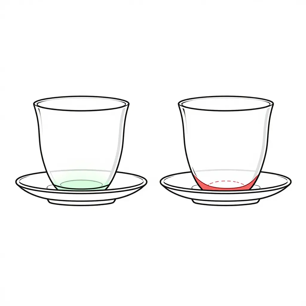 Cross-section diagram comparing a flat cup base making full contact with a saucer versus a thermally warped base where the center lifts and only the outer rim touches.