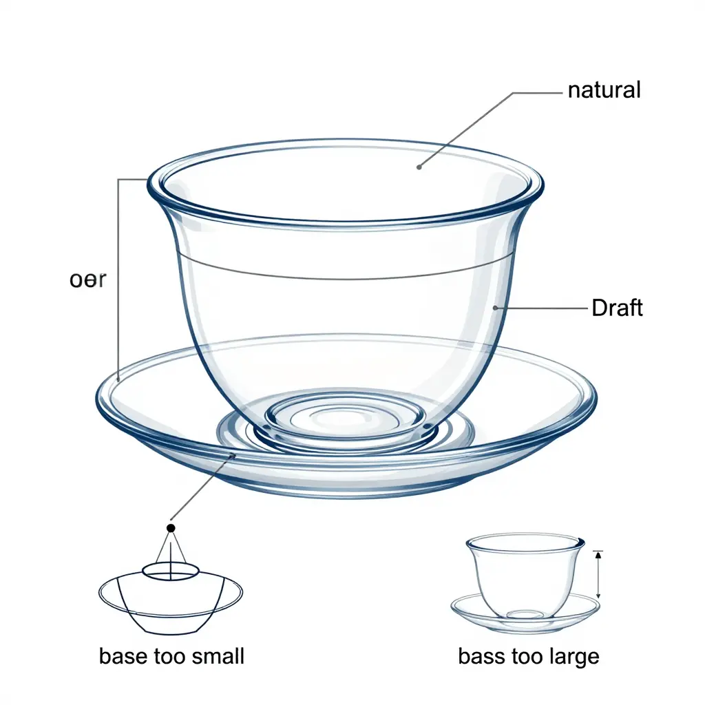 Cross-section diagram of a clear plastic tea cup base seated on a saucer contact ring, showing effective contact diameter, draft angle, heel radius, and the effects of an undersized base (rocking) versus an oversized base (edge loading).