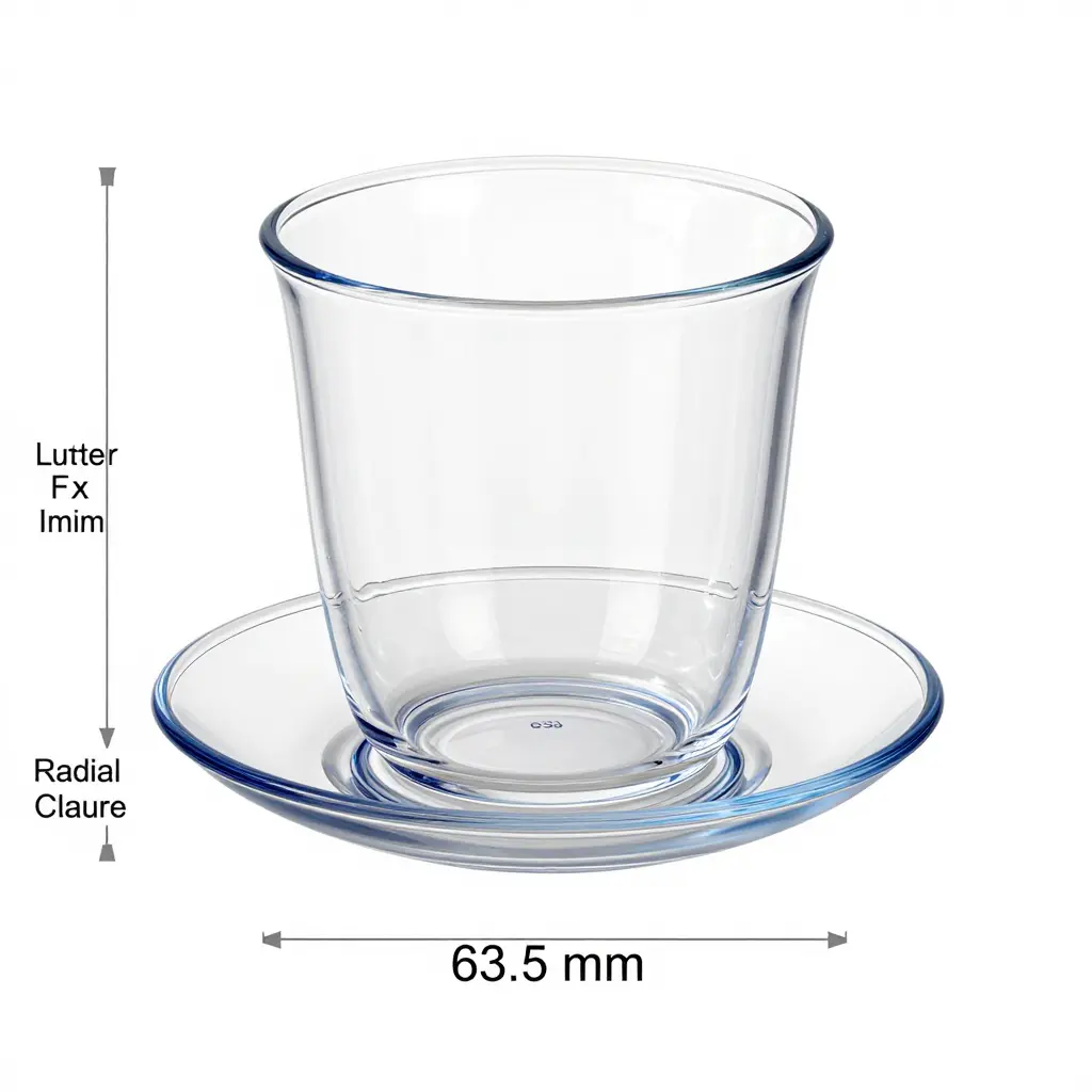 Technical cross-section diagram of a clear plastic tea cup base seated on a saucer, with labeled dimensions for nominal base diameter, tolerance limits, radial clearance, and contact-ring width