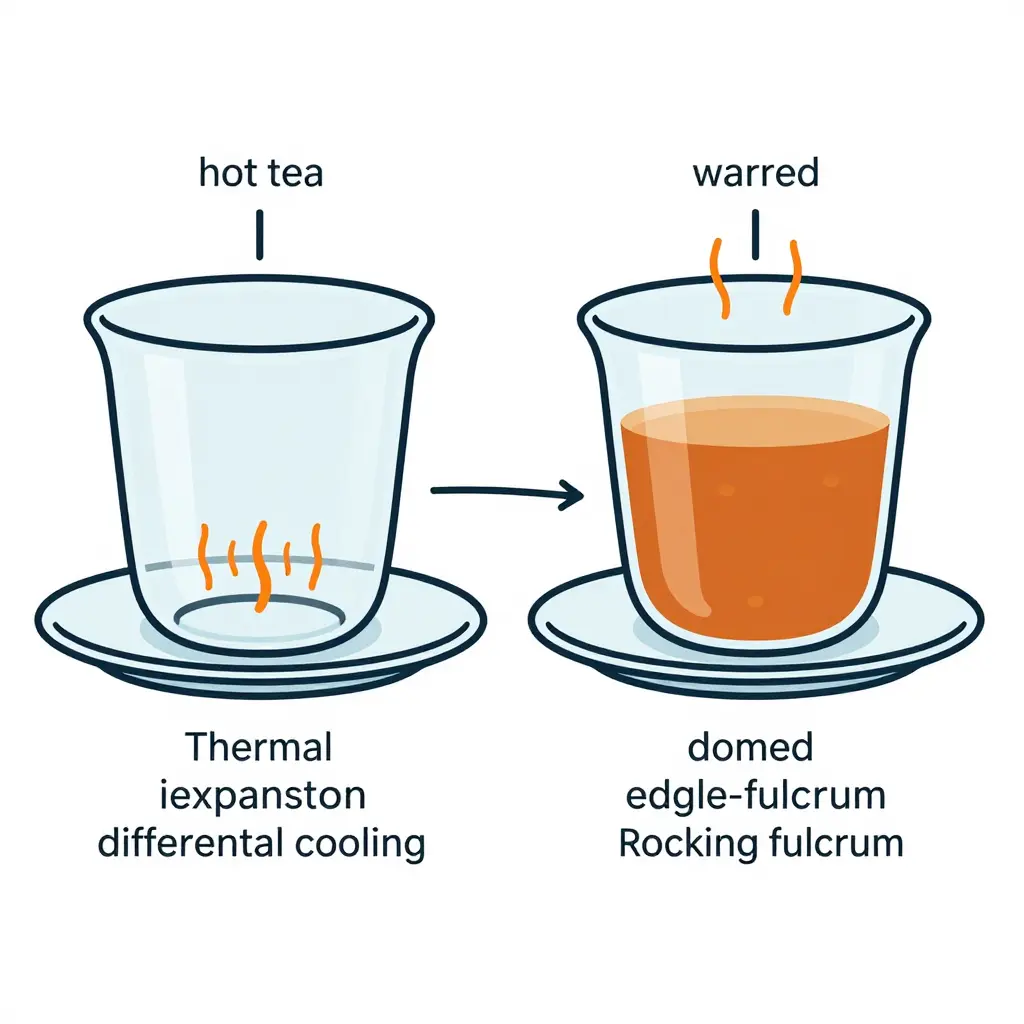 Cross-section diagram of a clear plastic tea cup base showing heat flow from hot tea, domed warping, and edge-only contact with the saucer