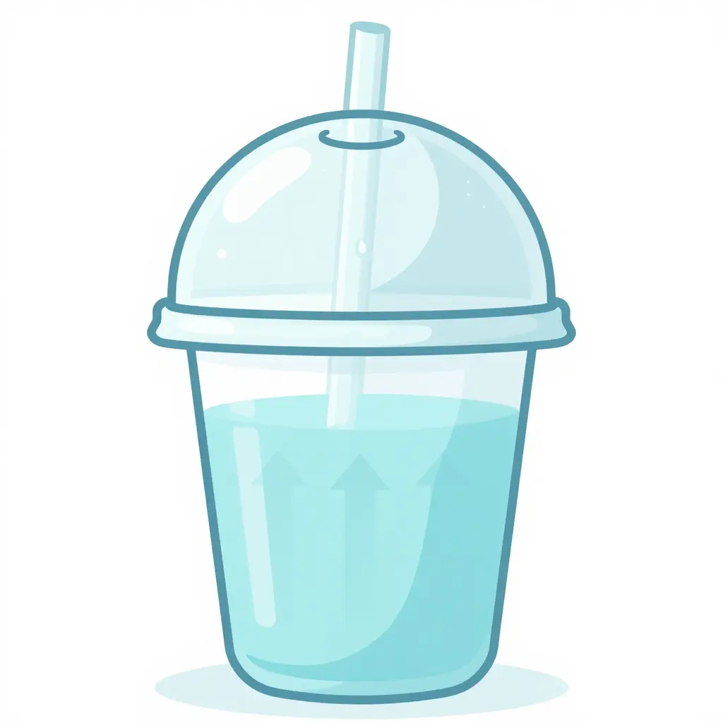 Cross-section diagram of a clear plastic cup with a dome lid showing water vapor rising into the headspace, droplets forming on the inner dome, and sliding toward the straw slot and rim seal
