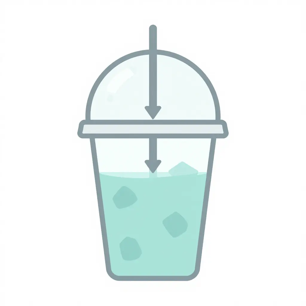Minimalist cross-section diagram of a cold drink cup with a dome lid, showing the beverage and ice fill level, a dome headspace, droplet clusters on the inner lid surface, two downward condensation arrows along the dome curve, one arrow running down through the straw slot, and a small vent opening on the opposite side with an upward arrow.
