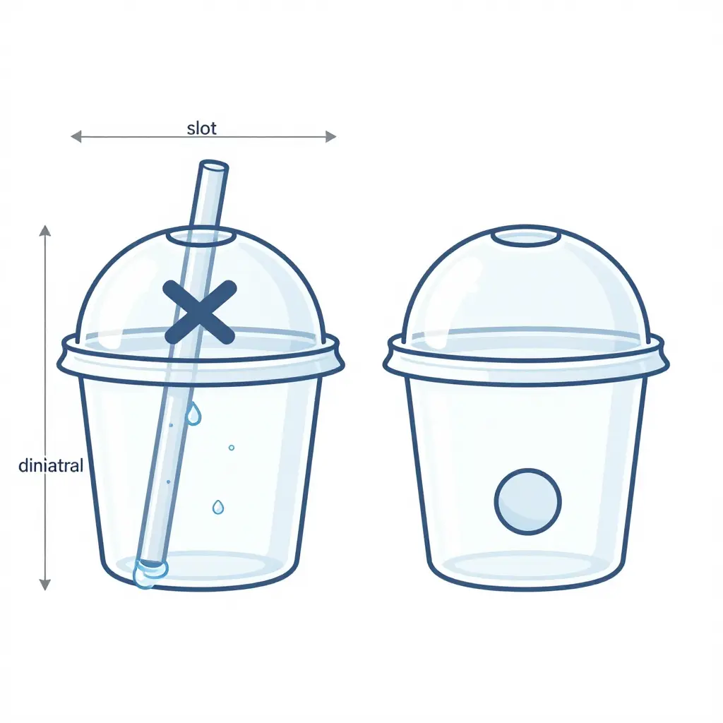 Diagram comparing a cross-cut slit straw slot and a round punched hole on a clear dome lid, showing slot width, straw diameter, the remaining gap, and the drip path toward the dome low point