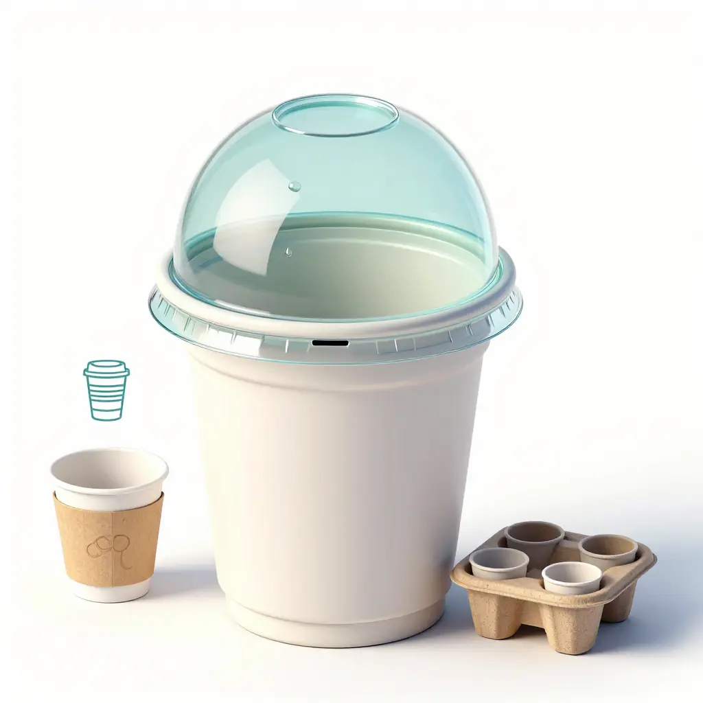 Cross-section of a dome lid fitted to a cup rim, showing fit tolerance, a reinforced straw slot, and cup sleeve and carrier accessories