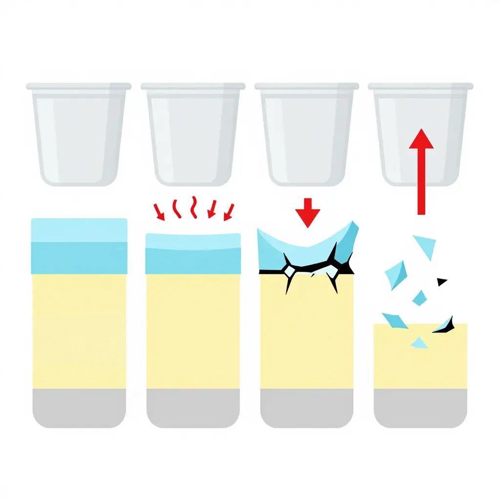 Four-stage minimalist 2D schematic showing ink adhesion failure on a printed clear plastic cup: intact bonded layers, condensation and thermal stress at the interface, micro-cracks with partial lift, and full flake detachment.