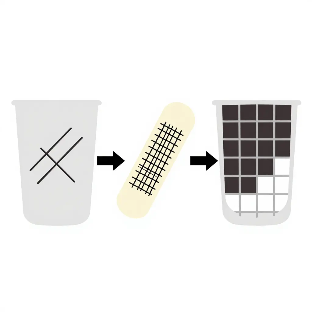Minimalist 2D technical diagram showing the cross-hatch tape-peel adhesion test in three stages: a grid cut into the ink layer, a tape strip peeled at an angle, and the resulting surface with retained versus removed ink squares