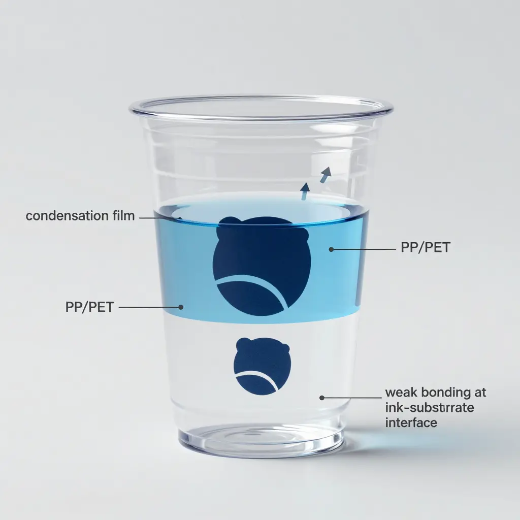 Cross-section of a printed clear cup wall showing condensation trapped between the ink layer and the PP/PET substrate, where ink adhesion fails