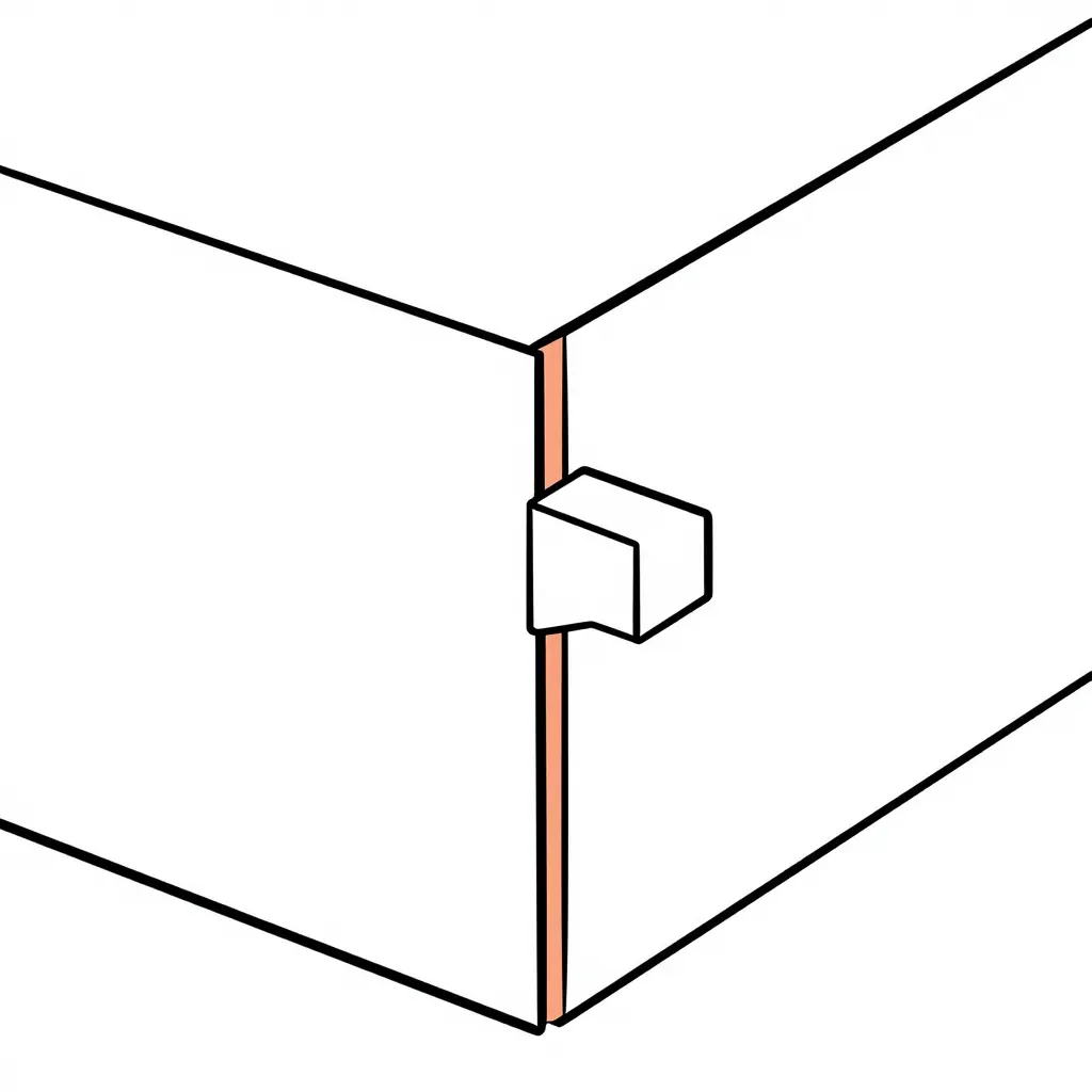Flat two-dimensional line-art schematic of a folding box corner lock showing a rectangular locking tab engaging a die-cut slot, with the clearance gap between tab edge and slot wall highlighted as a narrow accent-coloured band against monochrome strokes and a plain white background