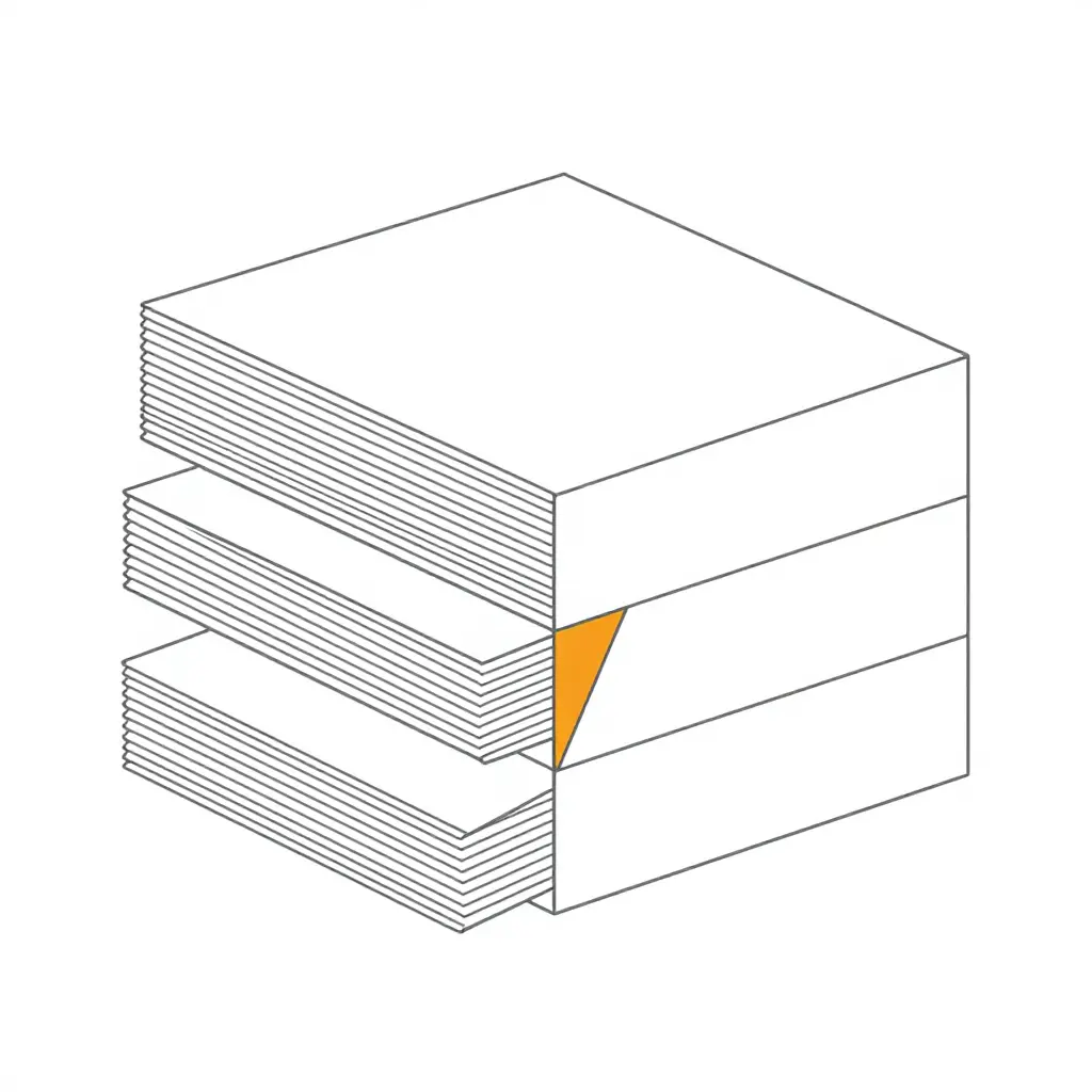 Flat two-dimensional cross-section of a box corner lock showing three stacked layers - wall caliper, tab thickness and slot length allowance - with the accumulated clearance gap highlighted in a single accent colour