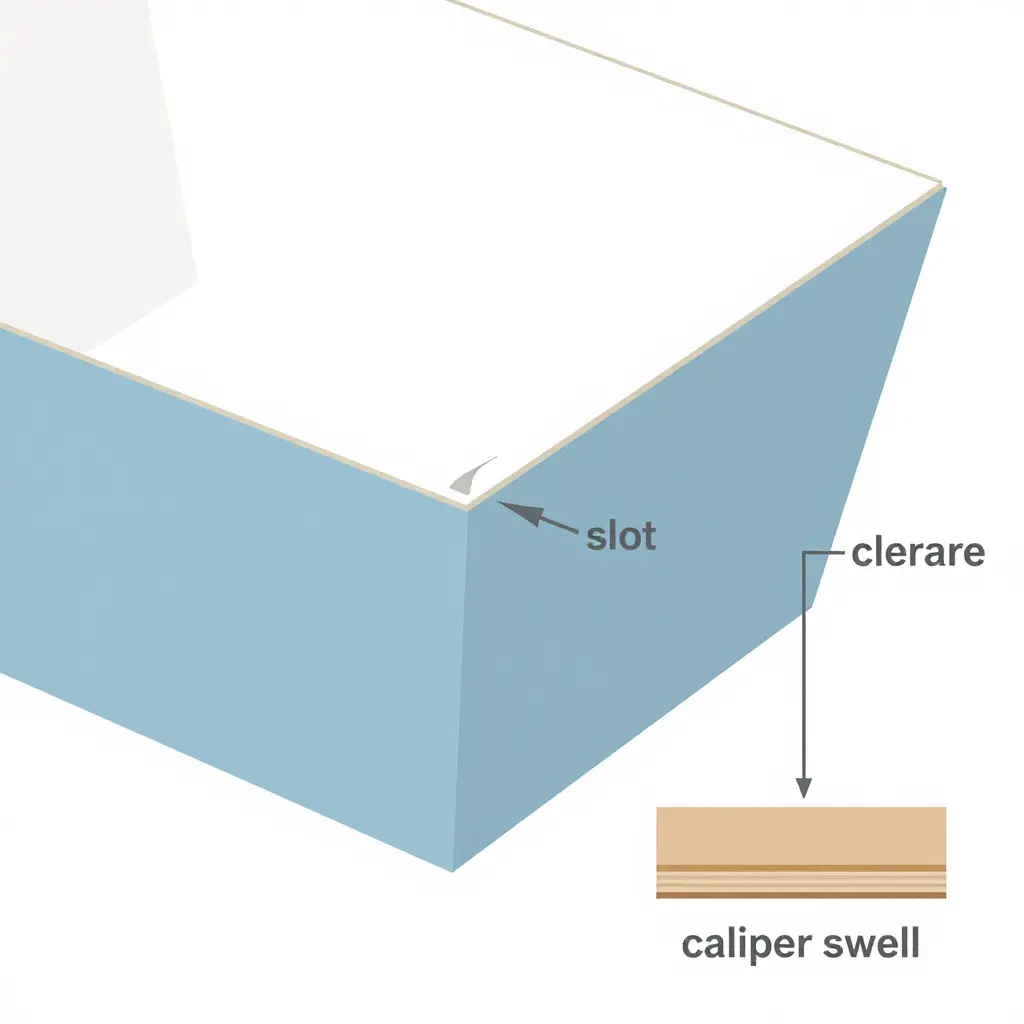 Cross-section diagram of a paperboard corner lock showing tab clearance, sauce pressure arrows and caliper swell