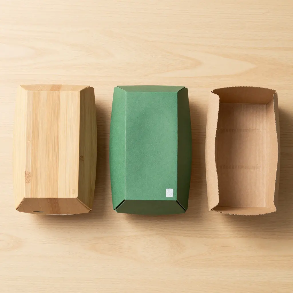 Three takeaway box constructions, moulded bamboo pulp, coated paperboard and corrugated, shown side by side