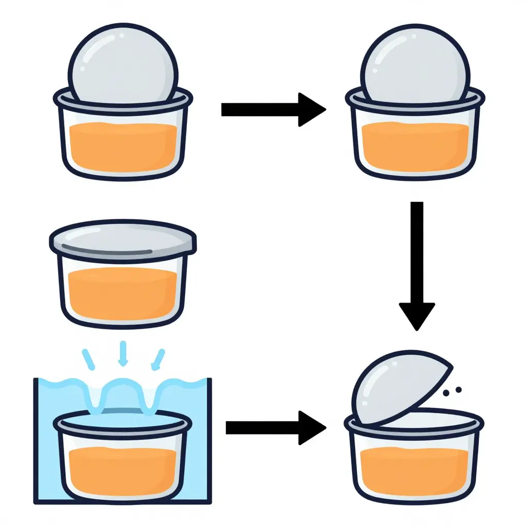 Simple 2D flat flow diagram of the freezing-to-lid-pop process in four stages: soup filled in container, container sealed with lid, freezing and expansion, and lid doming and popping loose