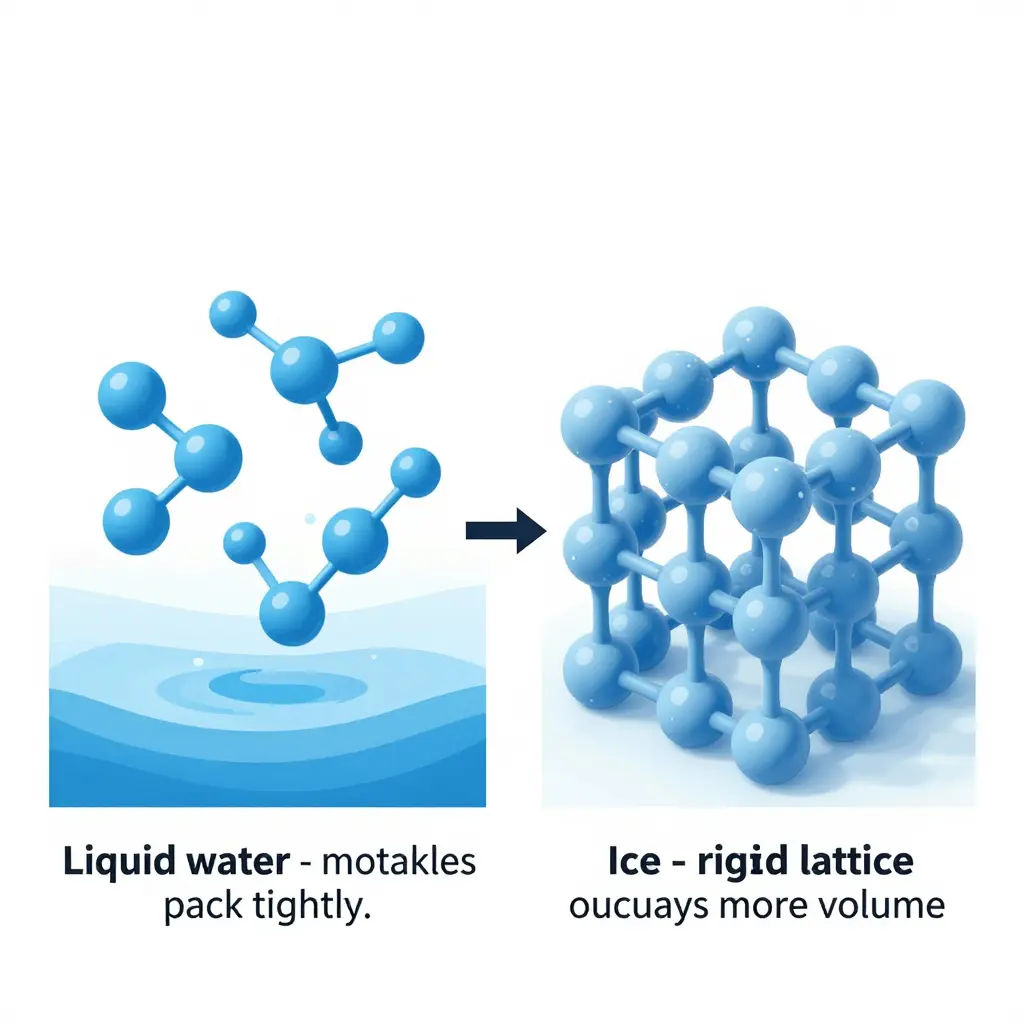 Diagram comparing loosely packed liquid water molecules with the rigid hexagonal ice lattice that occupies more volume