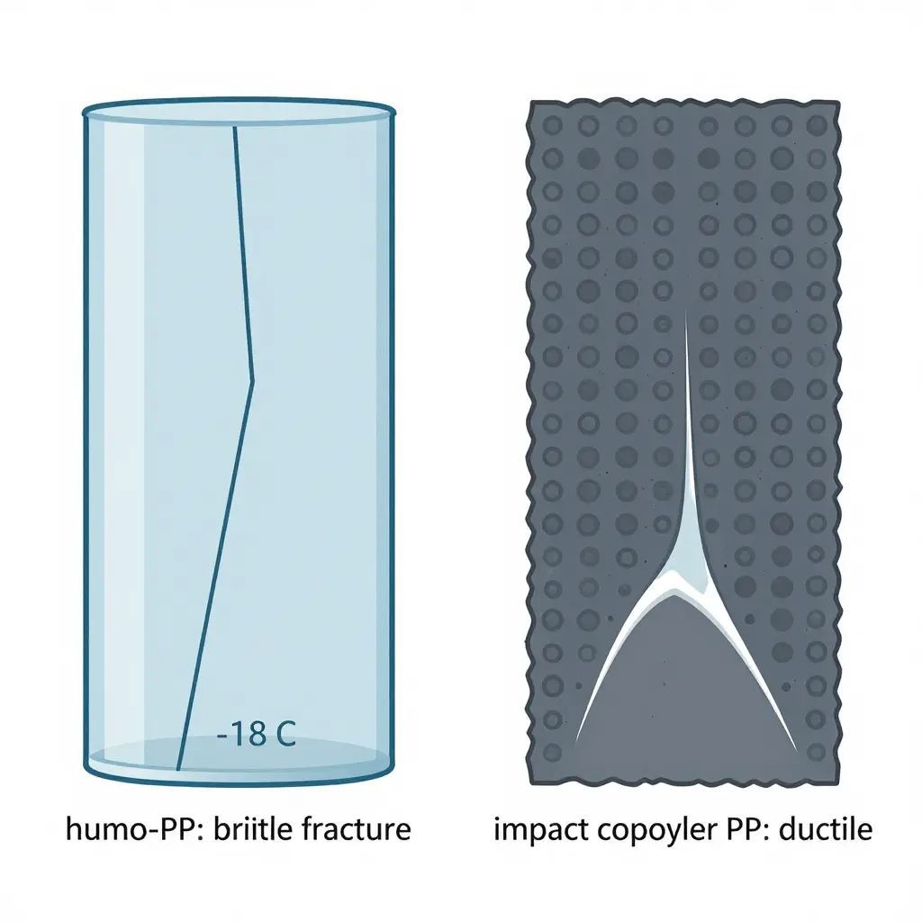 Schematic comparing brittle fracture in a thin homo-PP wall with crack deflection and ductile deformation in impact copolymer PP at -18 °C