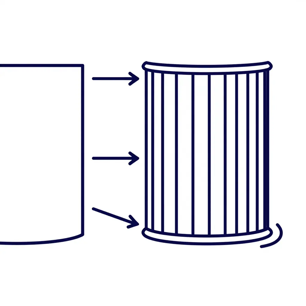 Flat two-colour vector line-art schematic showing two container wall cross-sections side by side: on the left a thin uniform wall ending in a sharp 90-degree base corner with arrows bouncing off it, on the right a thicker ribbed wall with a rounded base radius and arrows flowing smoothly along the ribs and around the curve into the floor line