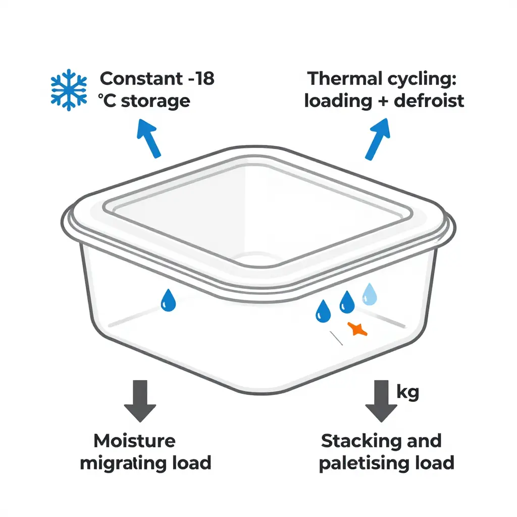 Technical schematic of a plastic food tub under freezer loads: constant -18 °C storage, thermal cycling during loading and defrost, moisture migration and stacking impact, with wall thickness, rib and corner radius annotated