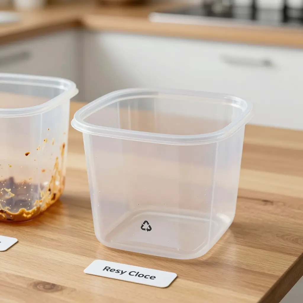 Clean plastic food tub showing its resin code next to a tub with greasy residue