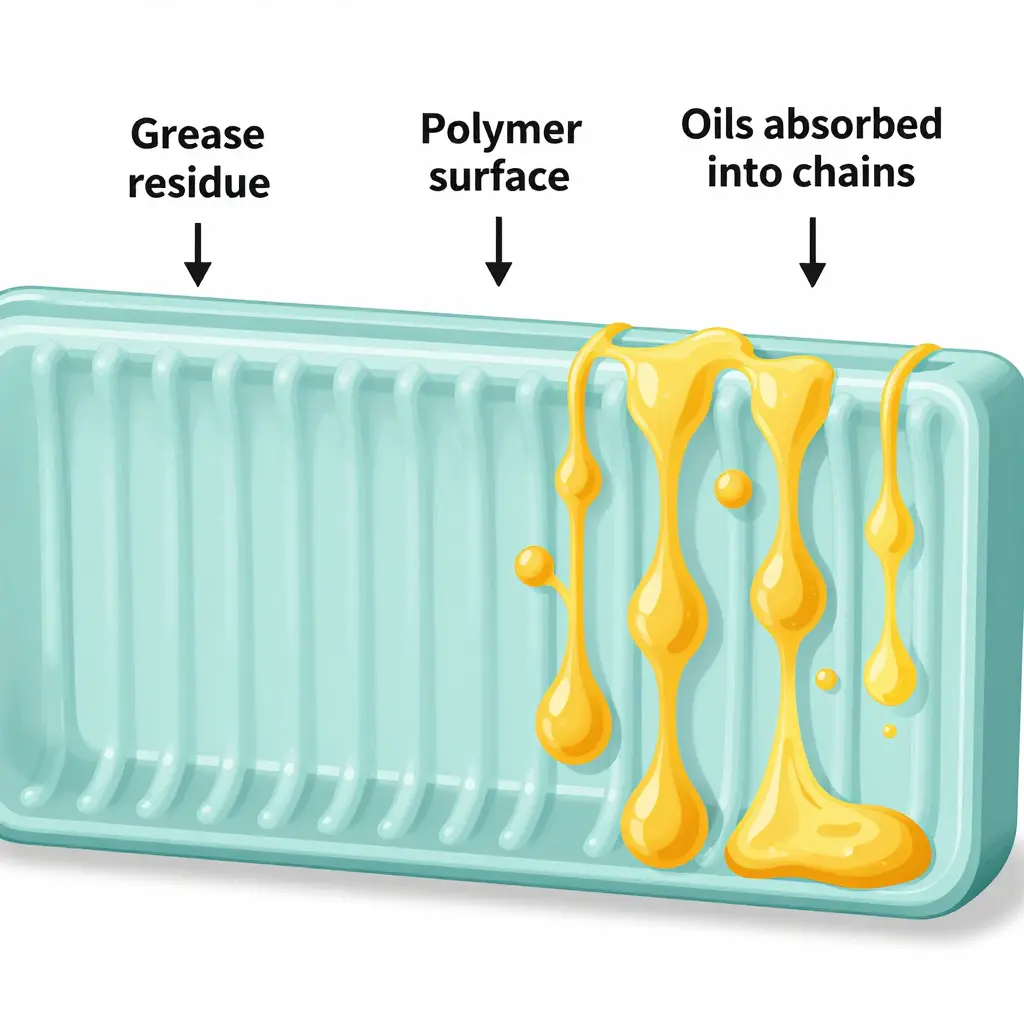 Cross-section diagram showing grease and oil molecules migrating into the polymer chains of a plastic food container wall, contrasted with a clean polymer surface